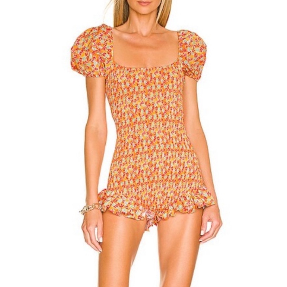Caroline Constas‎ Ginny Floral Puff Sleeve Ruffle Romper Women's Size XXS Yellow